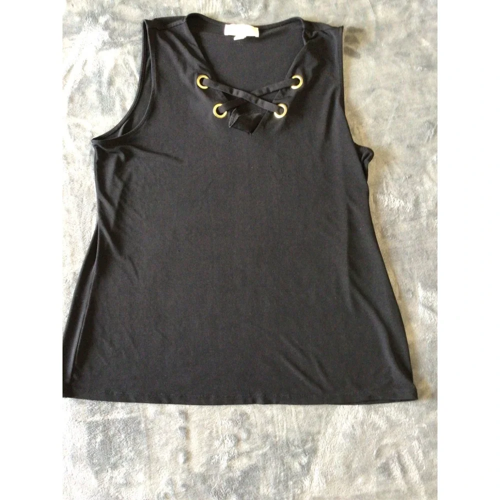 Michael Kors Black Sleeveless Top, V-Neck, Gold‎ Grommets, Size XL